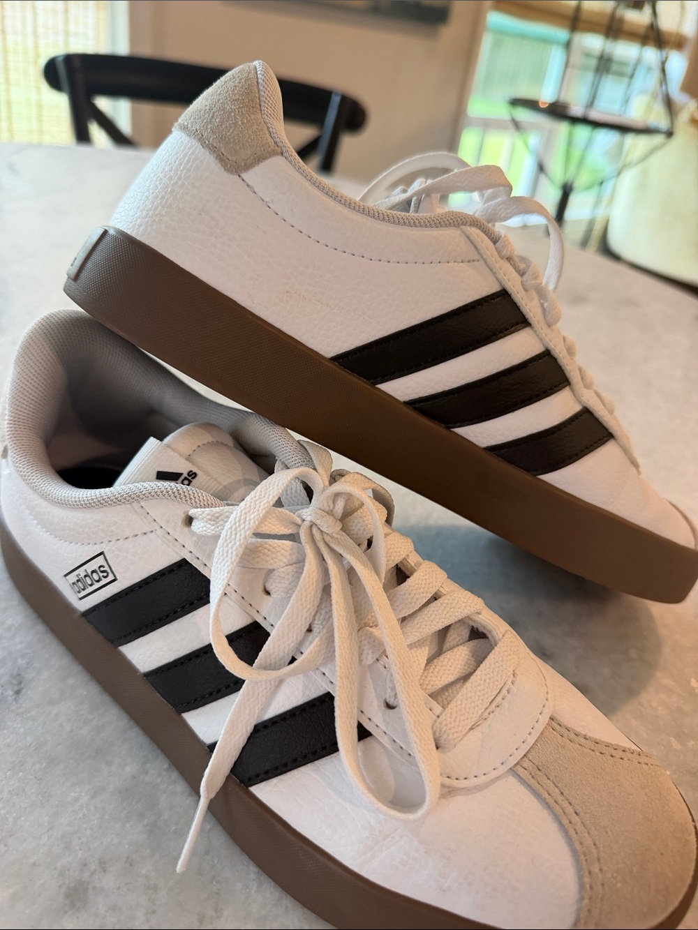adidas White Sneakers with Black Stripes and Brown Gum Sole